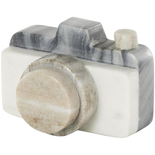 5" White Abstract Marble Digital Camera Sculpture with Beige & Gray Accents